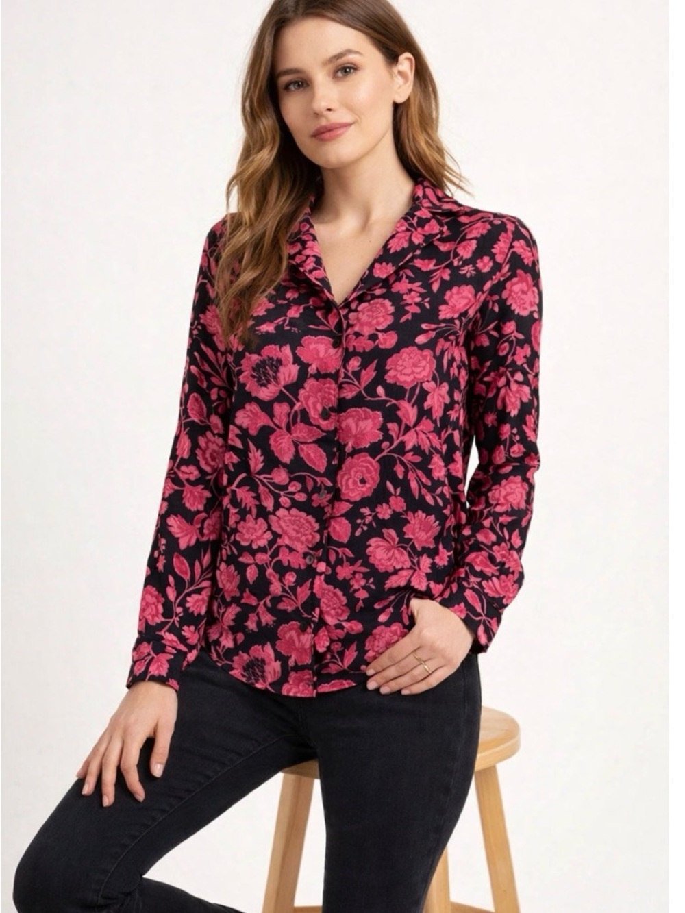 Black Pink Floral Button Front Blouse Women Long Sleeve Collared Lightweight Top